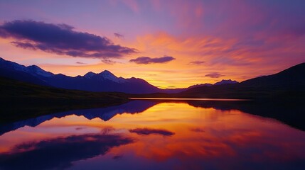 Obraz premium A serene lake surrounded by majestic mountains during a picturesque sunset, with wispy clouds dotting the azure sky above