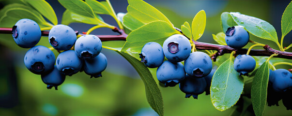 Fresh huckleberries on green twig. (Vaccinium corymbosum). Blueberries