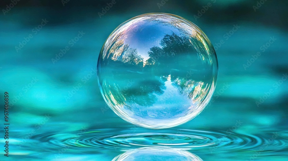 Poster a close-up of a water drop with a tree reflection on both sides of the drop