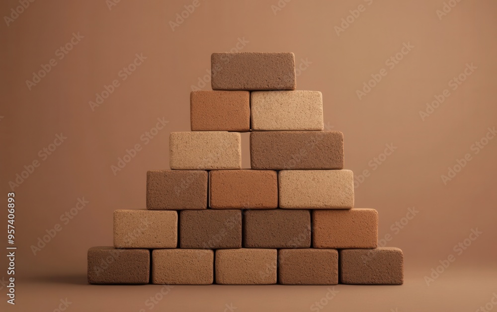 Poster hyper realistic photo. stack of modern bricks with a plein brown background, concept of building bus