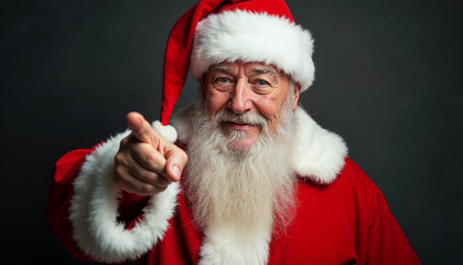 An elderly Caucasian man with a long white beard and mustache wearing a red Santa Claus costume, pointing his finger and looking at the camera