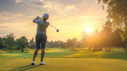 Golfer Swinging at Sunset