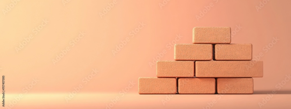 Poster stack of modern bricks with a plein light peach background, concept of building business with copy s