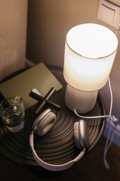 Close-up still life photo of objects on metal tabletop