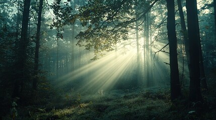 Naklejka premium The sun filters through the leaves and tall tree trunks, casting dappled rays onto the lush grass below