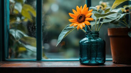   A sunflower sits on a window sill beside a potted plant