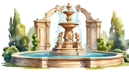 Old sculpture, architectural garden feature, watercolor vintage fountain, Park's baroque fountain, lovely fountain, enchanted fountain, vector, 3D modeling, cartoon style
