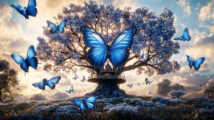  A tree with blue butterflies flying, birdhouse in center