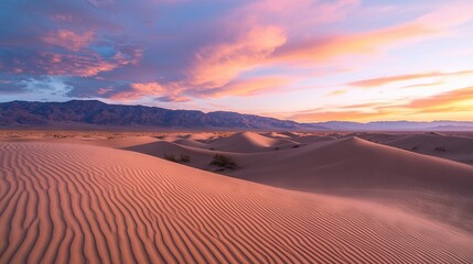 Fototapeta premium A stunning sunset over a lone tree in the desert with majestic mountains in the background, framed by fluffy clouds in the sky