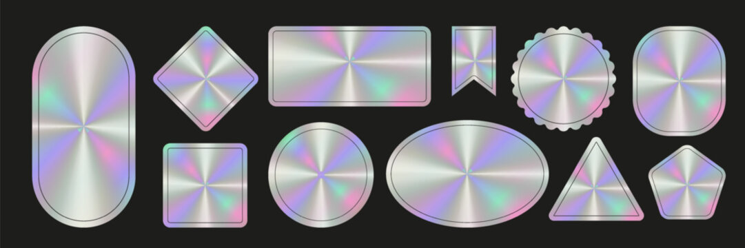 Holographic color sticker set with copy space. Shiny rainbow hologram tag or label of different shapes. Vector isolated template.