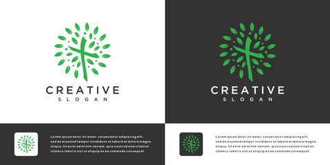 Christian Cross Church logo design vector illustration. cross logo with leaves around it	
