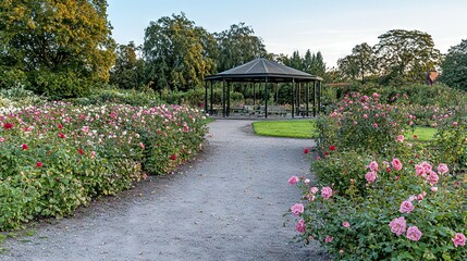   Path through flower garden leads to gazebo on one side and pink flowers on the other