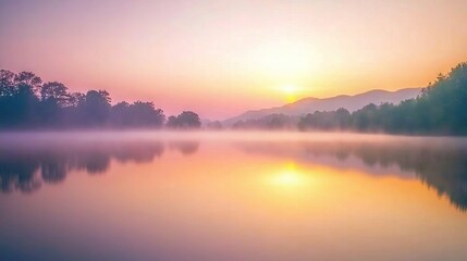 Fototapeta premium Lake with trees in foreground as sun sets, creating misty water in the foreground