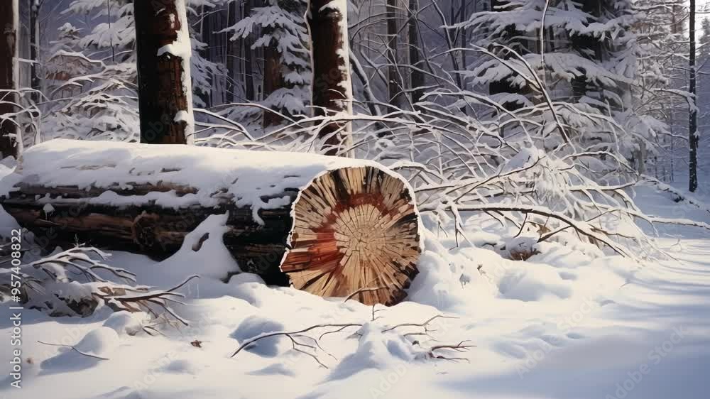 Poster sunlight illuminating a snowy forest floor with a large log covered in snow in the foreground. the p