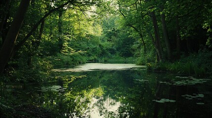 Obraz premium A body of water surrounded by trees and adorned with water lilies, nestled in the heart of the forest