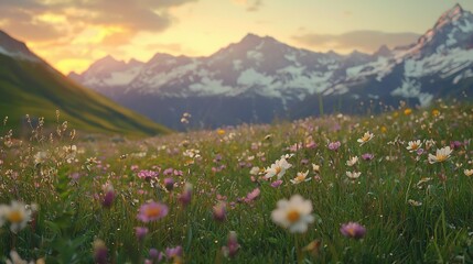 Fototapeta premium A field of wildflowers in front of a snow-topped mountain range in the distance