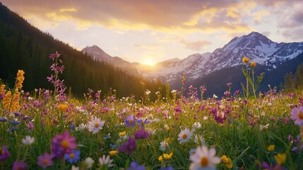 Fototapeta premium A field of wildflowers and wildflowers in the foreground, with a majestic mountain range towering behind as the backdrop