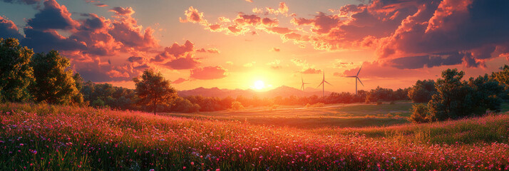 A stunning sunset over a field of wildflowers, with wind turbines silhouetted against the fiery sky.