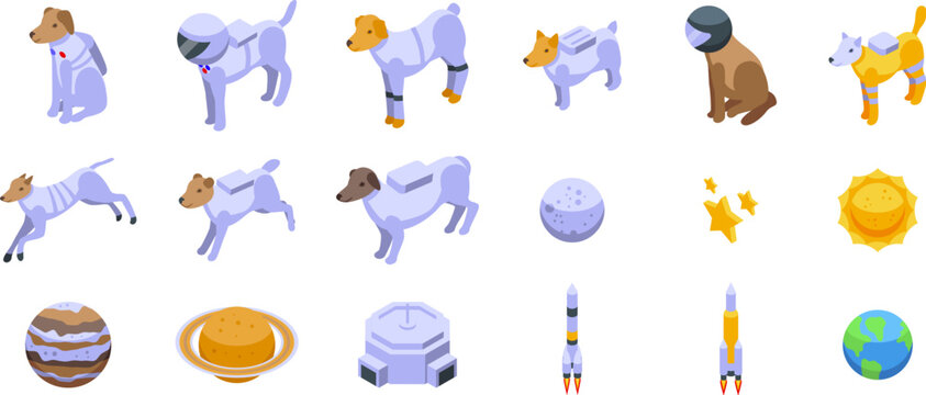Dog astronaut icons set. Space dogs wearing astronaut suit exploring galaxy elements set isometric icons