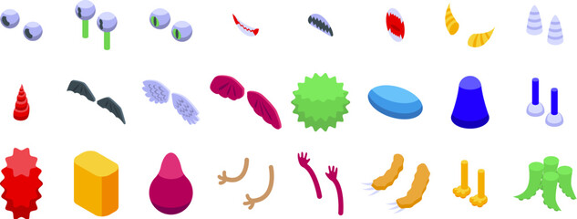 Monster creation icons set. Set of various monster body parts icons in isometric view, perfect for game developers and fantasy enthusiasts © ylivdesign