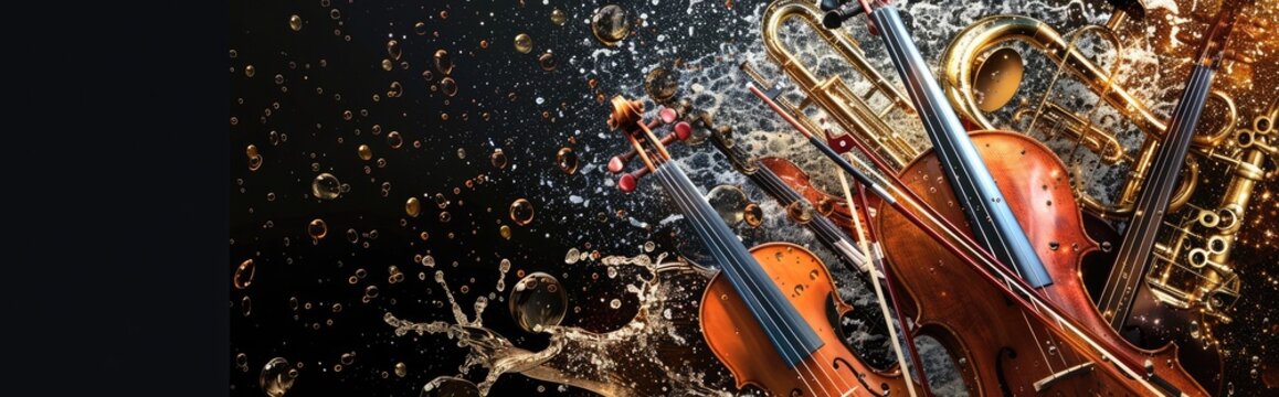 Instuments background colorful splash, isolated black background Generative AI