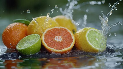   A cluster of oranges, limes, and lemons plunging into a water bath on a tabletop