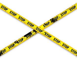 Old grunge barricade construction tape. Yellow police warning line, brightly colored danger or hazard stripe, ribbon. Restricted area, zone. Attention symbol. Vector illustration