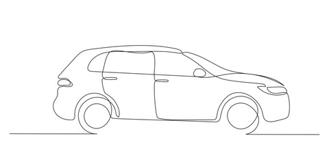 Fototapeta premium Car on road. Side view. Continuous one line drawing. Black and white vector illustration in line art style.