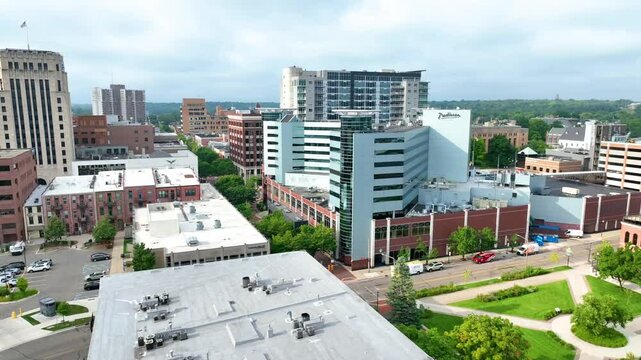 Aerial Pedestal Shot of Downtown Kalamazoo Michigan Urban Development