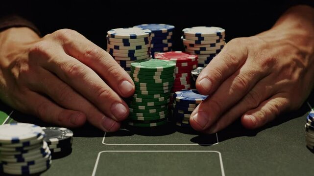 Game of poker in casino, taking place with poker chips and cards on a green table, gambling place, roulette jack pot.  - Powered by Adobe