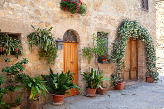 Tuscany Italian Town, Potted Plants and Doorways, Tuscany Italy, June 29 2012