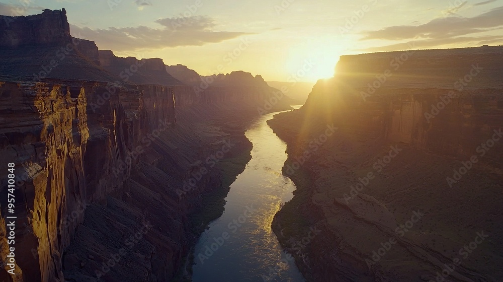 Poster a canyon with a river in the foreground and cliffs on either side is bathed in the warm glow of suns
