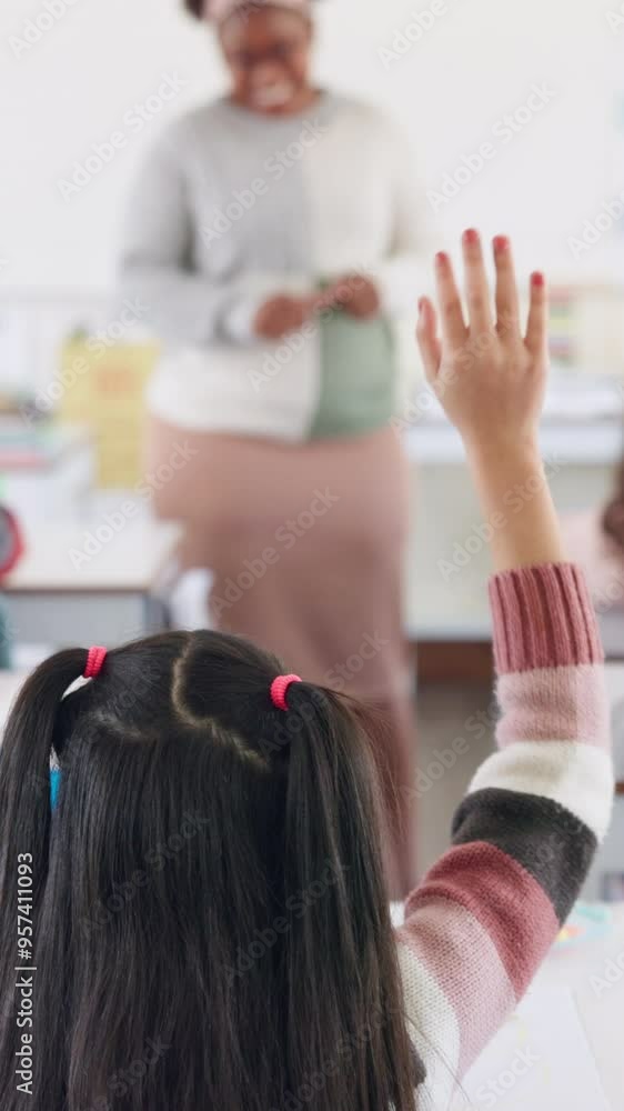 Poster girl, question and teacher in classroom for education, school and study with active learning lesson.