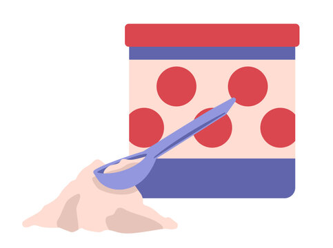 Container, handful of flour and spoon. Red polka dot storage for bulk products. Iron container in retro style. Bakery and confectionery cooking ingredient. Tablespoon. Isolated. Vector illustration