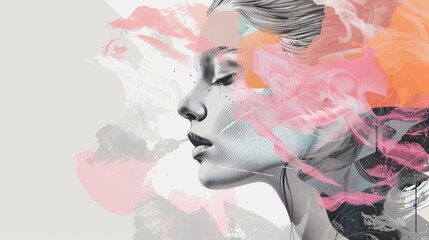 Una bella mujer de perfil, doble exposición con formas y colores abstractos, en tonos rosa, gris, blanco y naranja, al estilo del arte digital