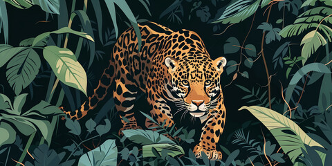 Obraz premium Vector style illustration of a tiger stealthily peeking from a jungle bush in hunting mode.