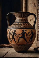 Detailed ancient Greek amphora vase painted with scenes from Greek mythology showcasing heroes and mythical creatures in mid-action
