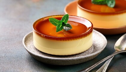 homemade caramel custard pudding with mint
