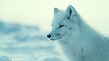Naklejka premium A close-up white fox on a snowy ground against a blue backdrop and white clouded sky