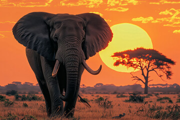 Photograph of an African elephant in the Masai Mara savannah at sunset.