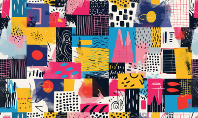 A colorful geometric abstract doodle collage vector seamless pattern.