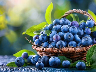 Fototapeta premium Blueberries in a basket, fresh and vibrant, Botanical, Bright hues, Photograph, Fruit harvest