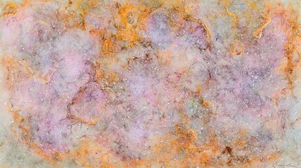   An abstract art piece featuring orange, pink, and blue hues against a white canvas, adorned with white specks throughout the composition