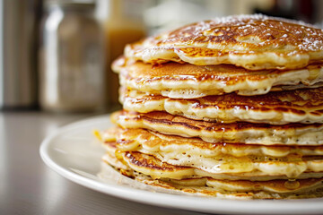 Stack of pancakes with maple syrup on a white plate, close up