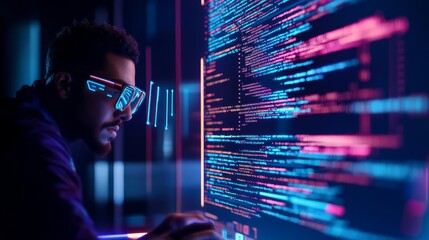 Augmented coding interface, futuristic programmer, floating code, dark neon office