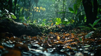 Obraz premium Lush green forest brimming with leaves and a massive tree trunk