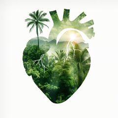 Human heart in a double exposure with a green forest background, symbolizing a healthy cardiovascular system.