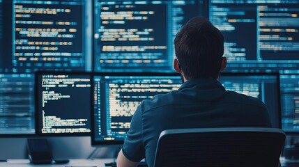 Digital code streams, programmer at work, futuristic office design, hologram screens