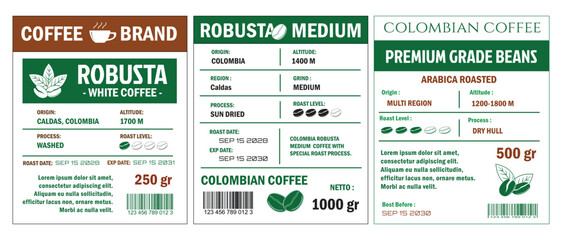 An illustration of coffee labels template, showcasing Robusta Blend and Premium Grade Beans in cmyk mode with two tone color. The labels detail various coffee attributes such as origin, altitude, roas