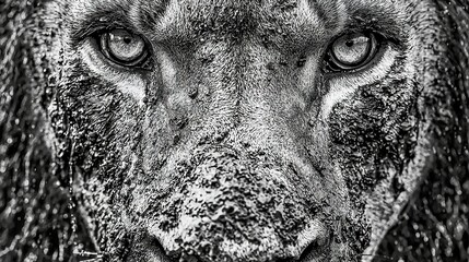   Black-and-white picture of a lion with snow on its fur and snow-covered eyes